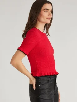 Caroline Tipped Ruffle Knit Pullover In Cherry Red Multi