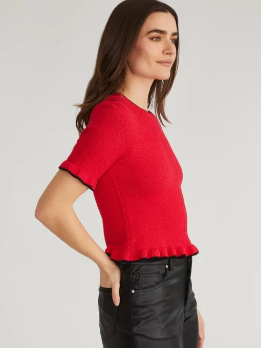 Caroline Tipped Ruffle Knit Pullover In Cherry Red Multi