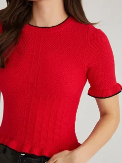 Caroline Tipped Ruffle Knit Pullover In Cherry Red Multi