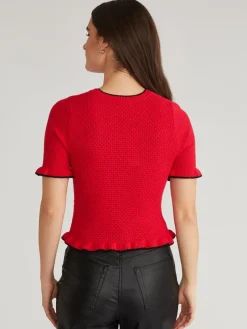 Caroline Tipped Ruffle Knit Pullover In Cherry Red Multi