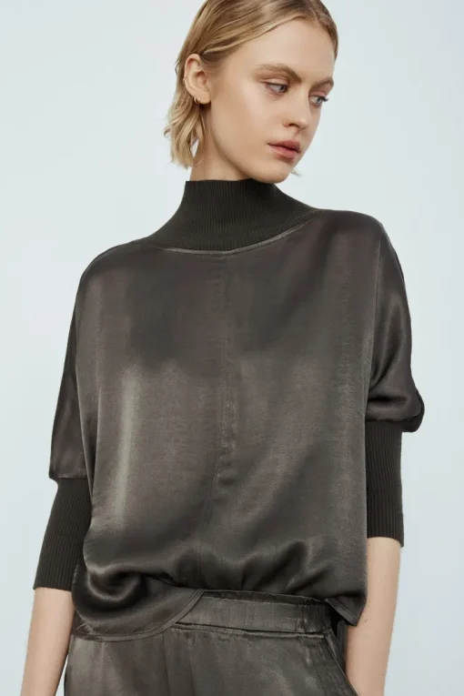 Flynn Long Sleeve Mixed Top In Dark Khaki