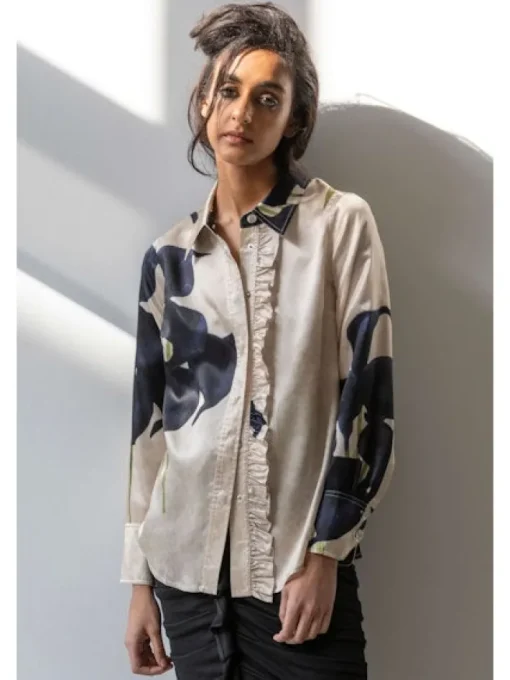 Frilled Button Down In Black Calla Lillies