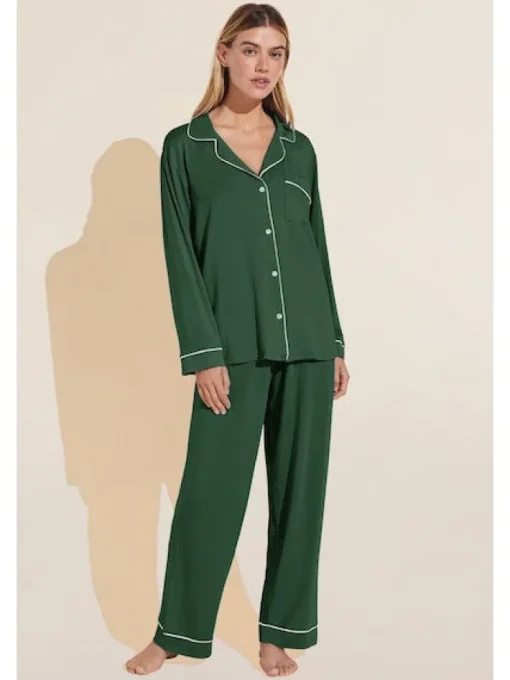 Gisele Long PJ Set In Forest Green/Ivory