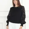 Lace Balloon Sleeves Sweater In Black