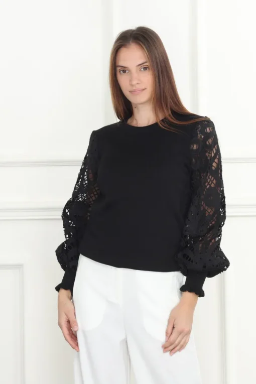 Lace Balloon Sleeves Sweater In Black