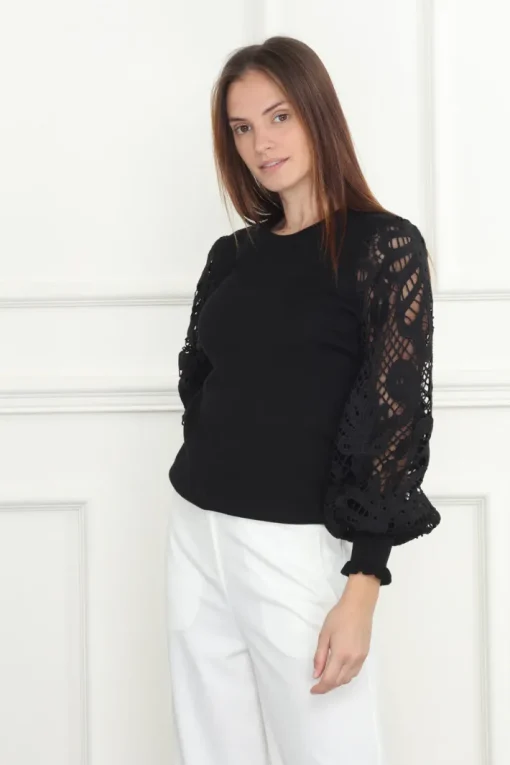 Lace Balloon Sleeves Sweater In Black