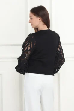 Lace Balloon Sleeves Sweater In Black
