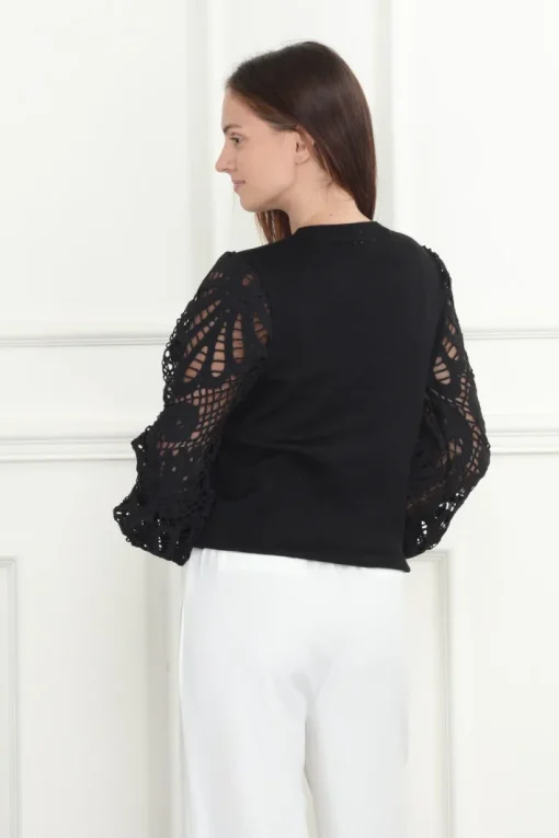 Lace Balloon Sleeves Sweater In Black