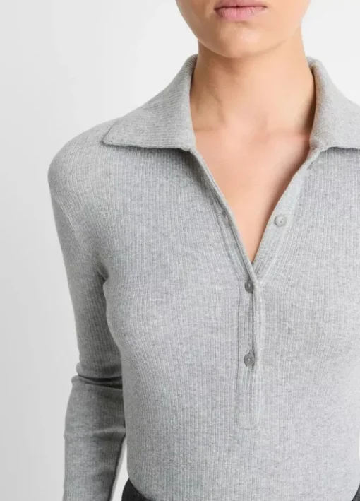 Long Sleeve Collared Polo In Grey