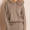 Madilyn Hooded Sweater With Detachable Faux Fur Trim In Brown