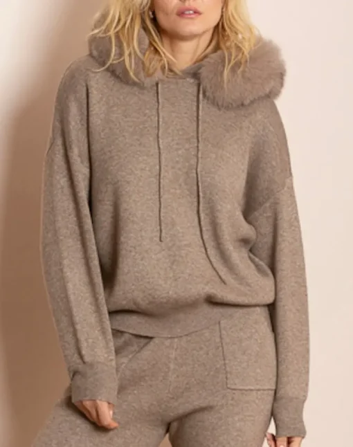 Madilyn Hooded Sweater With Detachable Faux Fur Trim In Brown