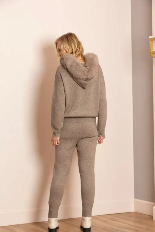 Madilyn Hooded Sweater With Detachable Faux Fur Trim In Brown