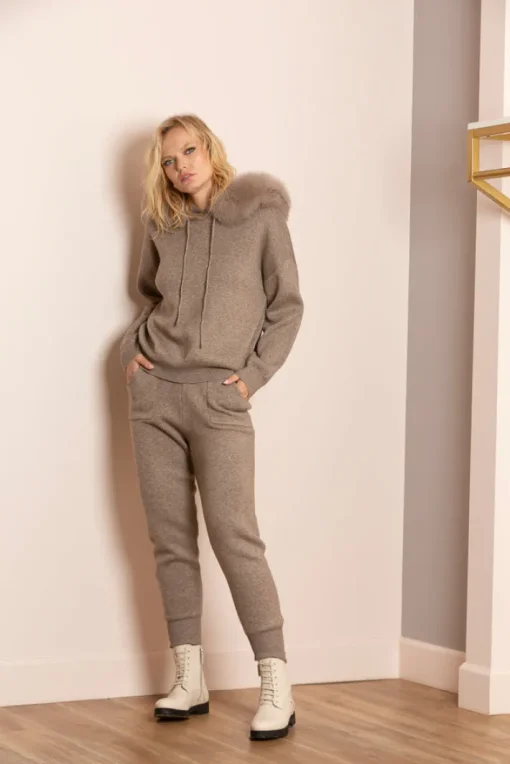Madilyn Hooded Sweater With Detachable Faux Fur Trim In Brown