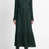 Pleated Satin Long Sleeve Dress In Marine Pine