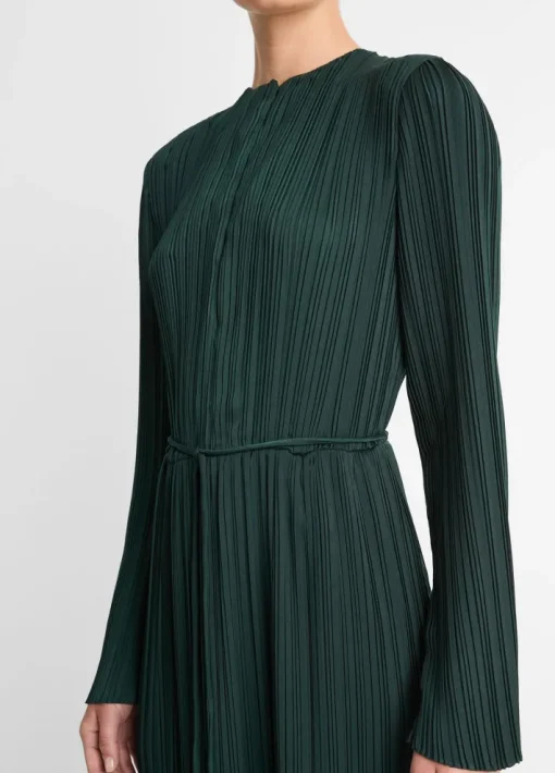 Pleated Satin Long Sleeve Dress In Marine Pine