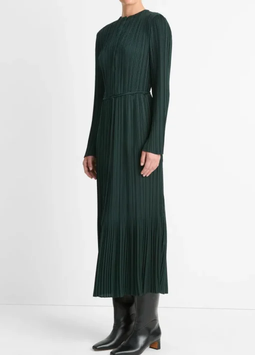 Pleated Satin Long Sleeve Dress In Marine Pine