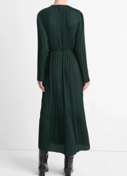Pleated Satin Long Sleeve Dress In Marine Pine