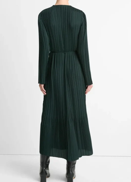 Pleated Satin Long Sleeve Dress In Marine Pine