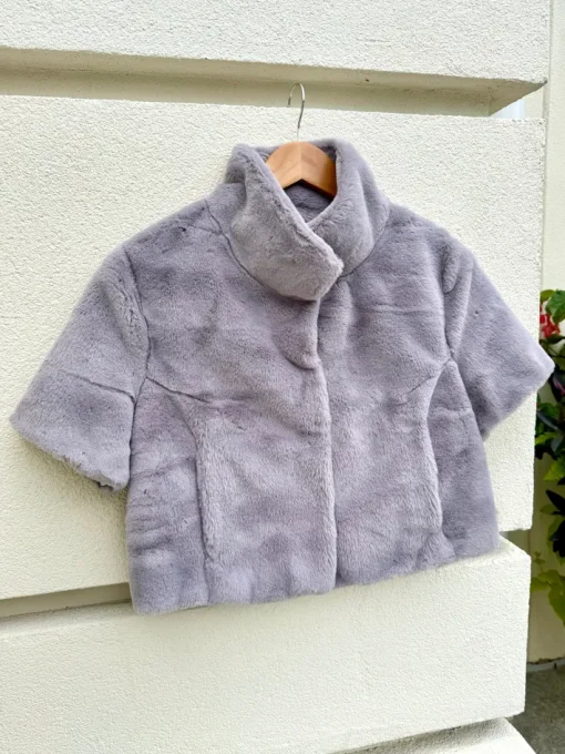 Standing Collar Faux Fur Bolero Jacket In Light Pewter
