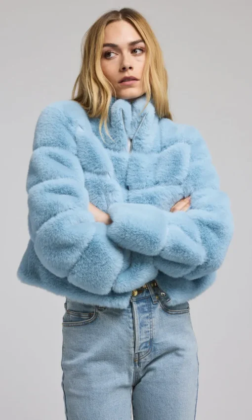 Tala Fur Bomber Jacket In Powder Blue