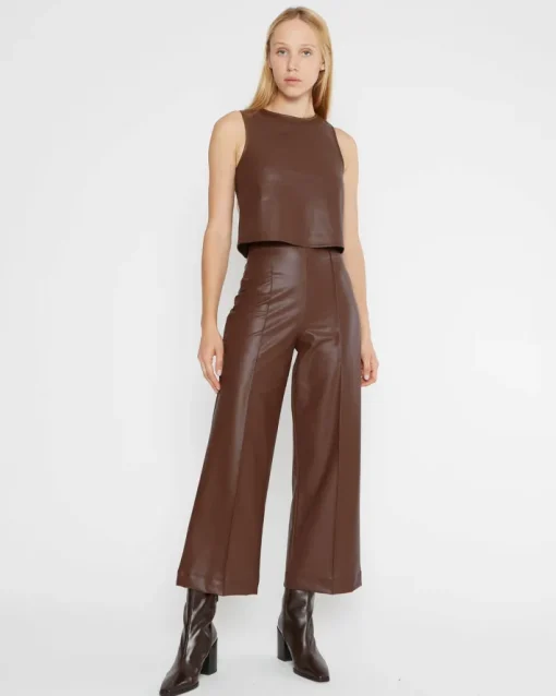 Vegan Leather Cropped Straight Leg Pant In Chestnut