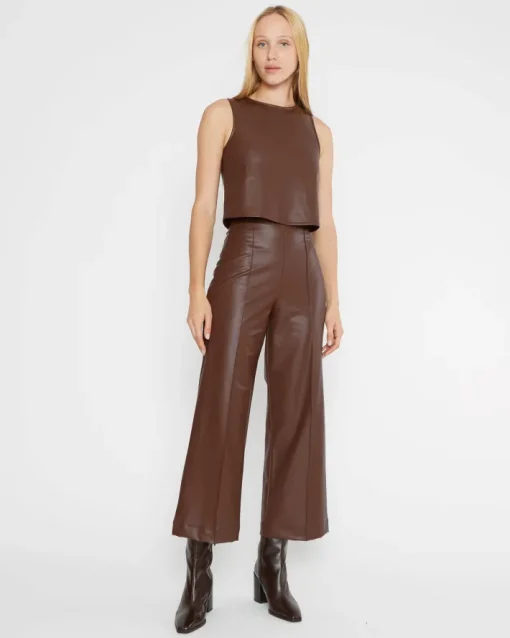 Vegan Leather Cropped Straight Leg Pant In Chestnut