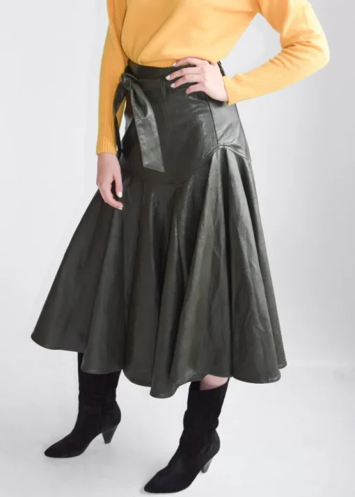Vegan Leather Prairie Midi Skirt In Olive